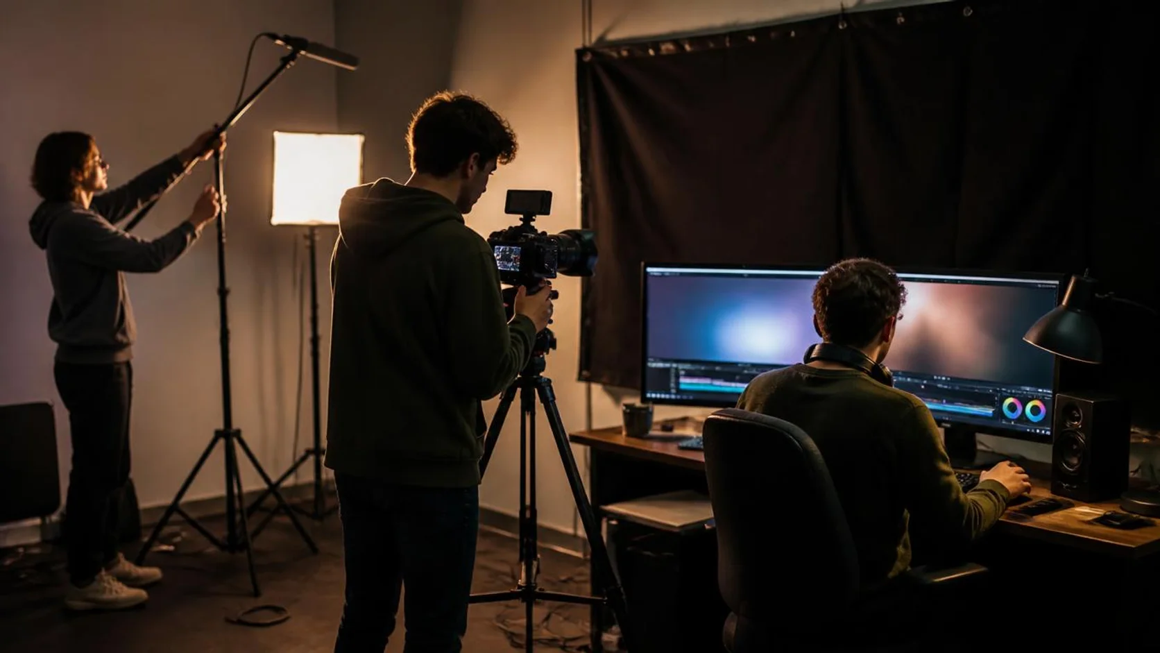Estudantes ajustam microfone e câmera em um pequeno estúdio de produção audiovisual, com mesa de edição ao fundo.