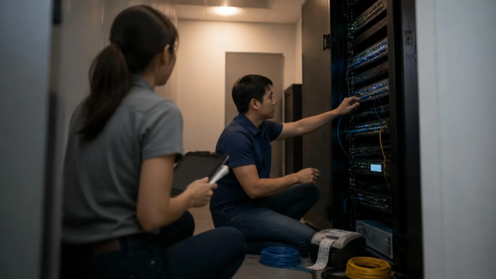 Técnico de TI organiza cabos em rack de rede em uma sala pequena de servidores de uma empresa.