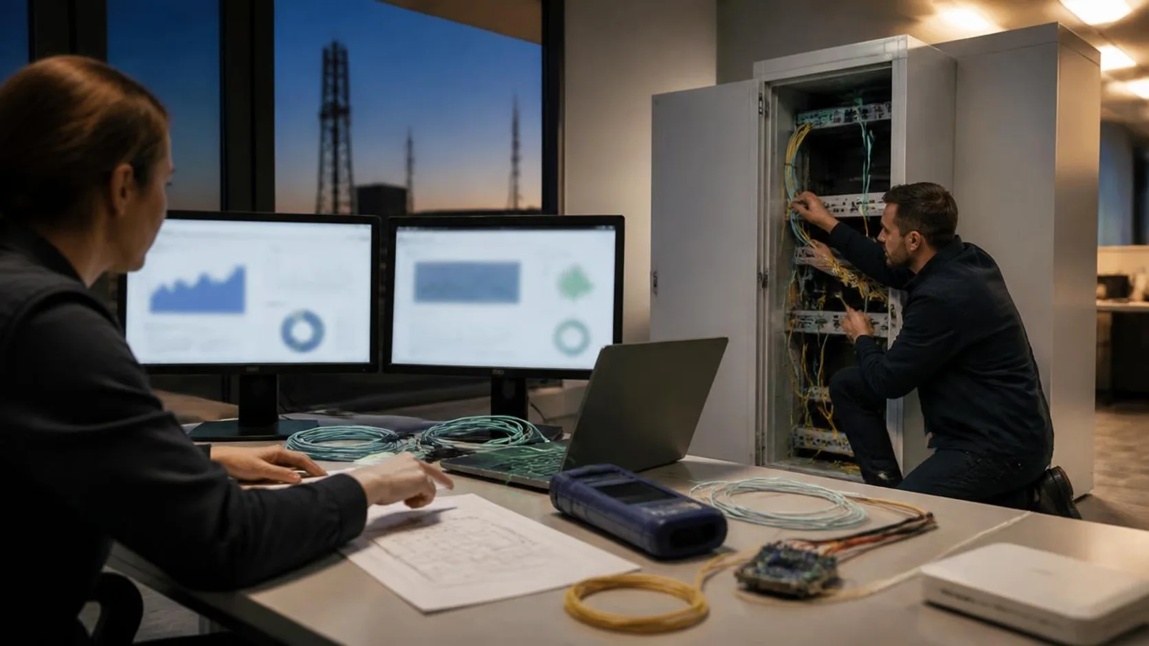 Técnicos conectam cabos em rack de rede enquanto acompanham gráficos em monitores em uma sala de operações.