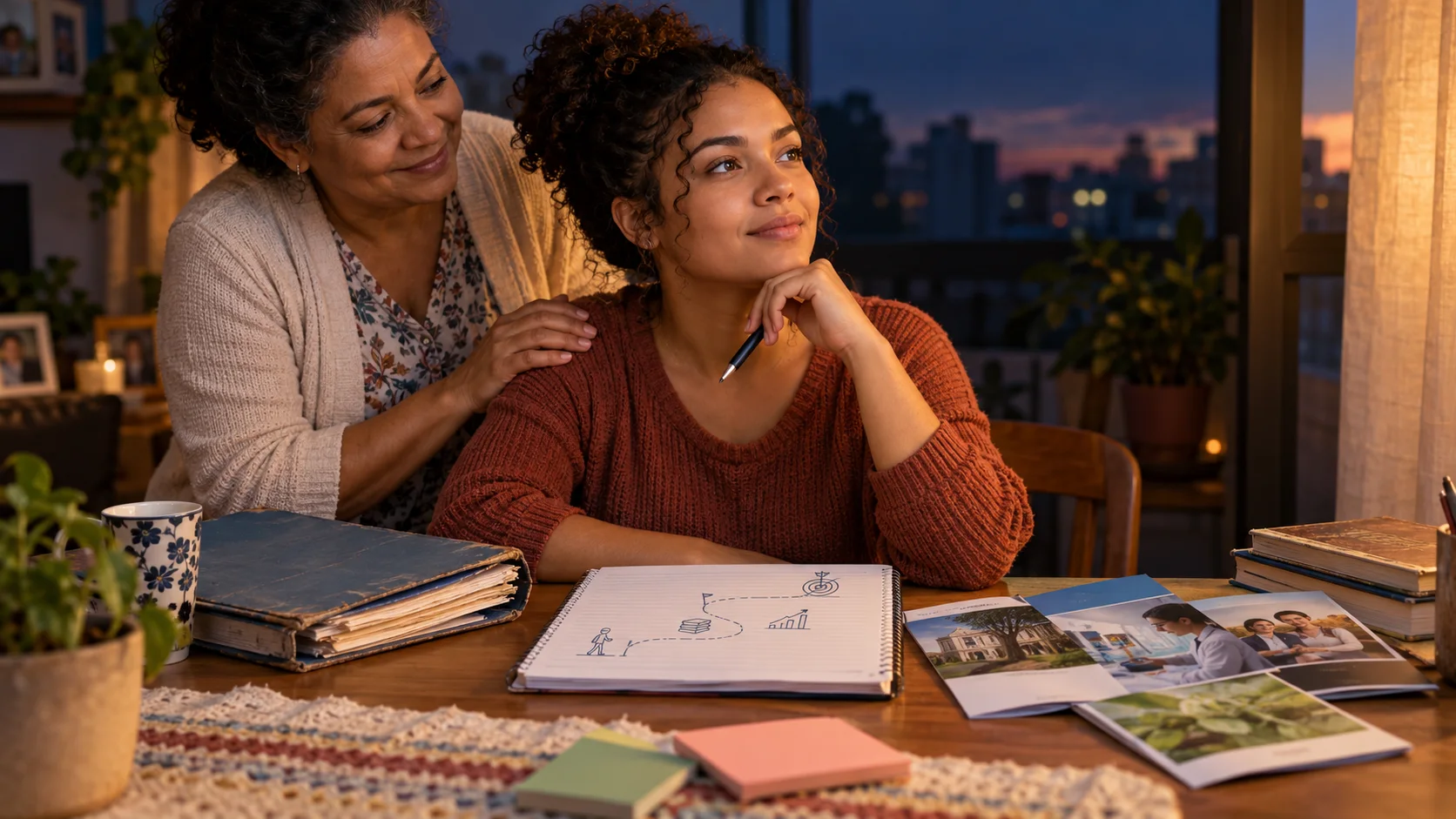 Mulher planeja a retomada dos estudos em casa, com caderno e apoio da mãe