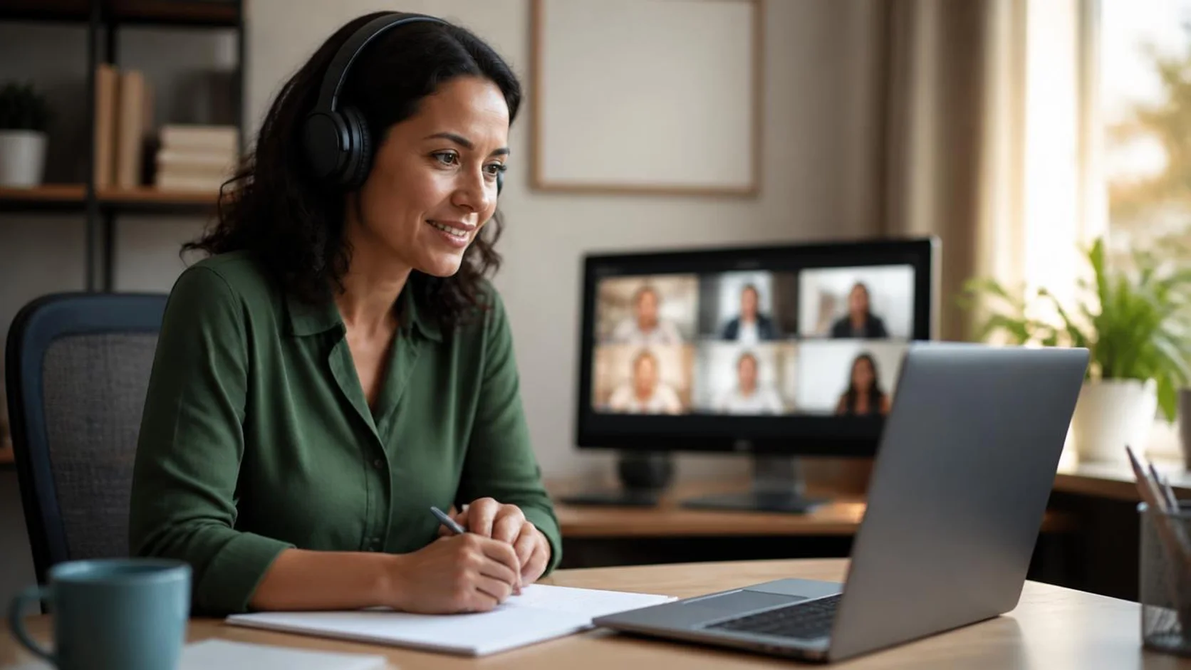 Tutor(a)(a) trabalhando em casa com fones de ouvido diante do notebook e de uma tela com participantes de uma atividade online.