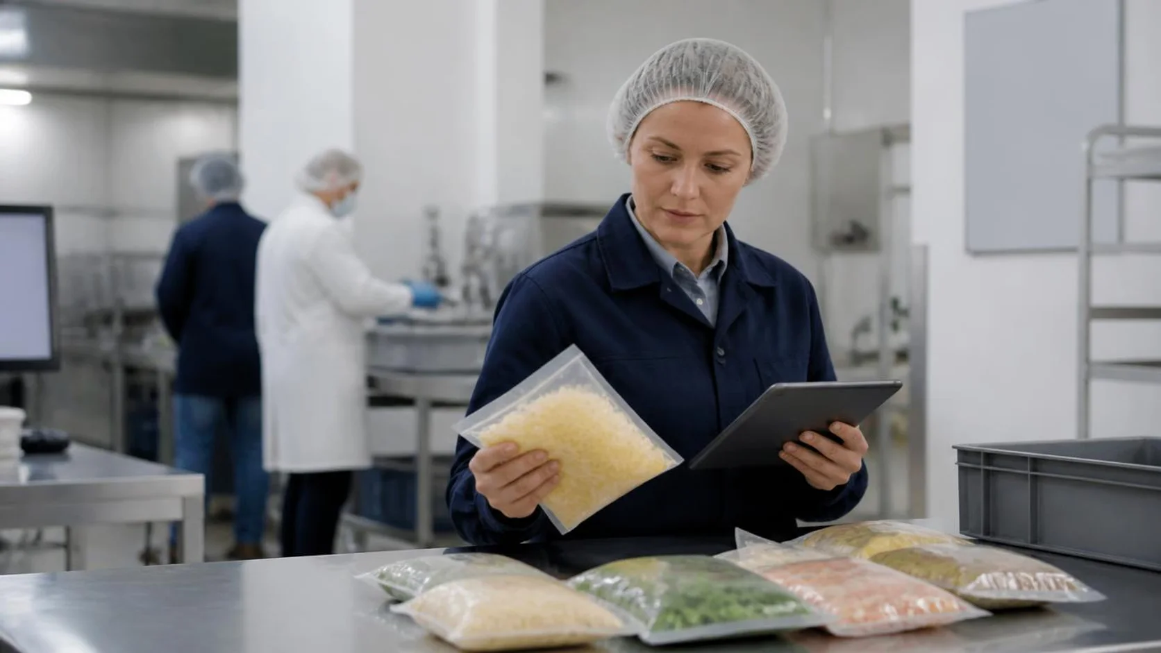 Inspetora sanitária examina embalagens de alimentos etiquetadas sobre bancada de aço inoxidável em unidade de processamento.